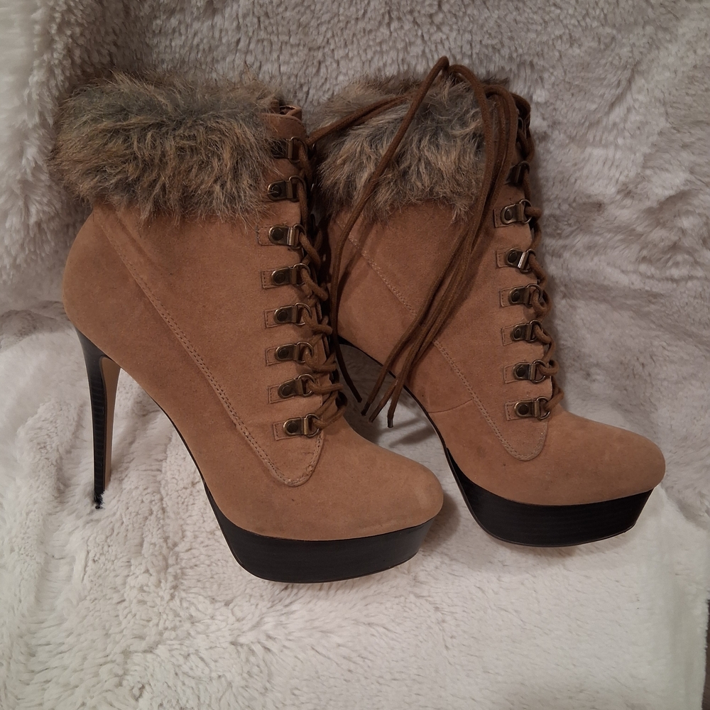 Shoe Dazzle Tan Fur-Trimmed Heeled Boots - Picture 3 of 6